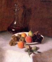 Fantin-Latour, Henri - A Carafe of Wine and Plate of Fruit on a White Tablecloth